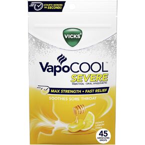 Vicks VapoCOOL SEVERE Medicated Sore Throat Drops, Fast-Acting Max Strength Relief, Soothes Sore Throat Caused by Cough, Powerful Vicks Vapors, Menthol, Honey Lemon Chill Flavor, 225ct (5 45ct packs)