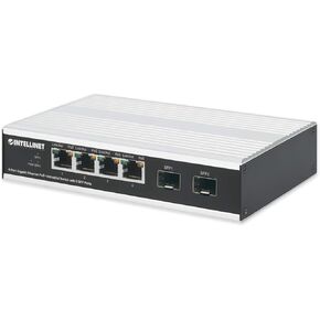 Intellinet Network Solutions 4-Port Industrial Gigabit Ethernet PoE+ Switch w/2 SFP Ports / IP40 Rated / 120W Max Power Budget / Desktop/DIN-Rail Mount in Harsh Environments / 2 Term. Blocks / 508254