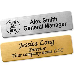 Custom Engraved Name Tag Badges Identification Personalized with Text & Logos, Metal Name ID for Clothing Brushed with Pin or Magnetic Backing, Gold & Silver Plates with for Business or Employees