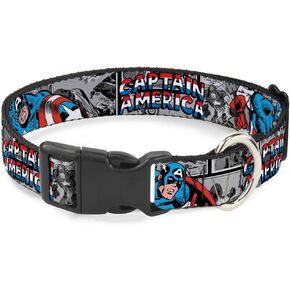Dog Collar Plastic Clip Captain America 2 Poses Comic Blocks Grays Red White Blue 15 to 26 Inches 1.0 Inch Wide