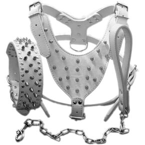 Leather Spiked Studded Medium & Large Dog Collars, Harnesses & Chain Leashes 3Pcs Matching Set for Pit Bull,Mastiff, Boxer, Bull Terrier