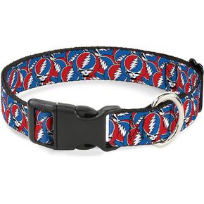 Grateful Dead Dog Collar with Plastic Buckle, Quick Release, Easy Adjustable, Steal Your Face Logo Stacked Red White Blue, 15 to 24 Inches 1.0 Inch Wide