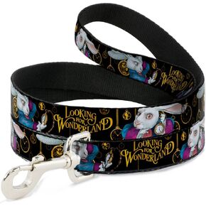 Dog Leash White Rabbit Poses Looking for Wonderland Clocks Black Golds 4 Feet Long 1.0 Inch Wide