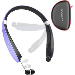 AMORNO Foldable Bluetooth Headphones Wireless Neckband Headset with Retractable Earbuds, Sports Sweatproof Noise Cancelling Stereo Earphones with Mic