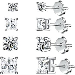 925 Sterling Silver Stud Earrings Set Hypoallergenic Princess Cut Cubic Zirconia Stud Earrings for Women Men (3/4/5/6/8 MM)