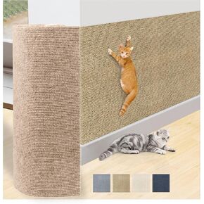 Cat Scratching Mat, 98.4"x15.7" Self-Adhesive Carpet Mat Trimmable Cat Scratch Furniture Protector Replacement for Cat Tree Shelf Shelves Couch Furniture DIY Protector Khaki