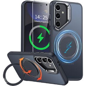 GOLDJU for Samsung Galaxy S24 FE Case with 360°Rotatable Magnetic Stand [Military Drop Protection] [Compatible with MagSafe] Matte Translucent Slim Galaxy S24 FE Case with 9H ScreenProtector, Black