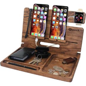 BARVA Gifts for Men Dad Birthday Idea Wood Docking Station 2 Phone Rustic Nightstand Organizer Table Charging Dock Watch Charging Stand Wallet Key Gadget Device Bedside Holder Bedroom Desk Accessories