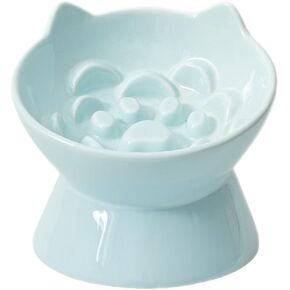 Macarons Series Ceramic Slow Feeder Cat Bowl, Raised Puzzle Feeder, Anti Vomiting Cat Slow Feeder, Elevated Food Bowl, Whisker Friendly Cat Bowl with Cute Ear Design (Green)