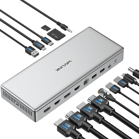 محطة إرساء ممتازة WAVLINK USB C DisplayLink (DL7400)، 2xHDMI و2xDisplayPort، مزدوج 8K@60 هرتز، رباعي 4K@60 هرتز لنظام التشغيل Windows 10/11 وMac M1/M2/M3، شحن PD بقوة 100 واط للمضيف، 2.5 جيجا إيثرنت، USB C، SD4.0 in Saudi Arabia
