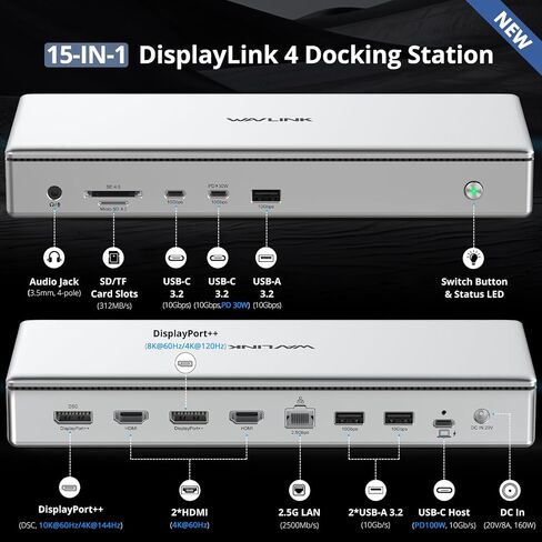 محطة إرساء ممتازة WAVLINK USB C DisplayLink (DL7400)، 2xHDMI و2xDisplayPort، مزدوج 8K@60 هرتز، رباعي 4K@60 هرتز لنظام التشغيل Windows 10/11 وMac M1/M2/M3، شحن PD بقوة 100 واط للمضيف، 2.5 جيجا إيثرنت، USB C، SD4.0 in Saudi Arabia