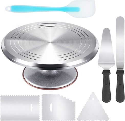 Kootek Aluminium Alloy Revolving Stand 12" Cakes Turntable with 12.7" Angled Frosting, 3 Comb Icing Smoother, Silicone Spatulas Pie Server/Cutter Baking Decorating Tools (Pink) in Saudi Arabia