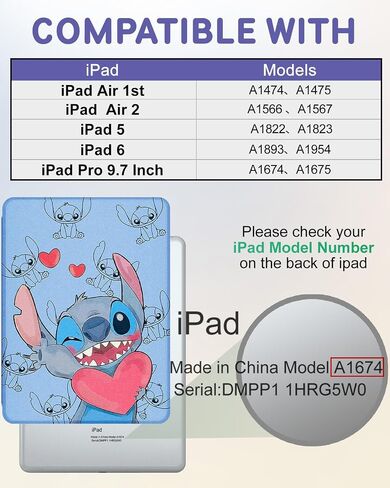 حافظة لجهاز iPad Air 2/Air 1/لجهاز iPad 5th/6th Generation/Pro 9.7 بوصة - حافظة لطيفة للفتيات والنساء المراهقات ومضحكة لجهاز iPad 9.7 بوصة، غطاء قابل للدوران 360 درجة مع حامل قلم رصاص، HeartStit in Saudi Arabia