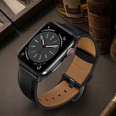 OUHENG Compatible with Apple Watch Band 49mm/46mm/45mm/44mm/42mm-Series 3 2 1, Genuine Leather Band Strap Compatible with Apple Watch Ultra 2/1 Series 10/9/8/7/6/5/4/3/2/1/SE, Vintage Black/Black in Saudi Arabia