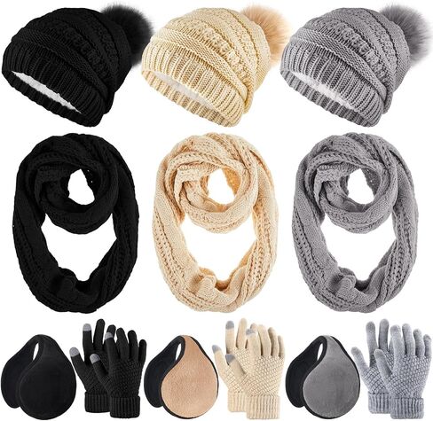 Liitrsh 12 Pcs Winter Beanie Hat Scarf Gloves Set Knitted Beanie Hat Circle Scarves Gloves Earmuff for Women Men in Saudi Arabia