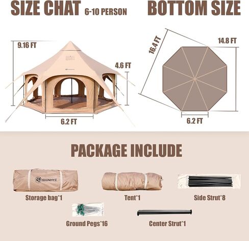 ShinHye Canvas Tent Bell Tent, Glamping Tent for Camping, Canvas Tent with Stove Jack, Waterproof Windproof Breathable Family Camping Tent for 6-10 Person, 16.4 ft, Brown in Kuwait