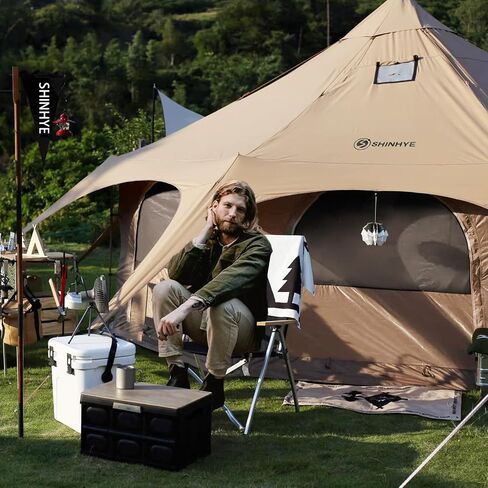 ShinHye Canvas Tent Bell Tent, Glamping Tent for Camping, Canvas Tent with Stove Jack, Waterproof Windproof Breathable Family Camping Tent for 6-10 Person, 16.4 ft, Brown in Kuwait