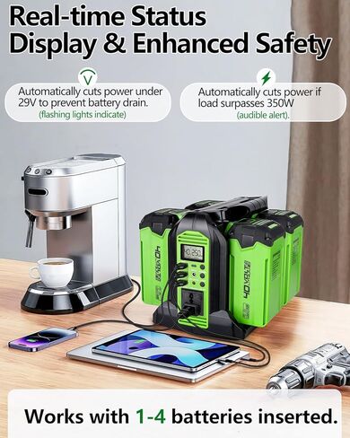 350W Power Inverter for Greenworks 40v Battery, 4-Ports DC 40V to AC 110-120V Pure Sine Wave Battery Inverter with 3 USB-A Port, 1 USB-C Port,300lm LED Light for Camping Travel Emergency(Tool Only) in Kuwait