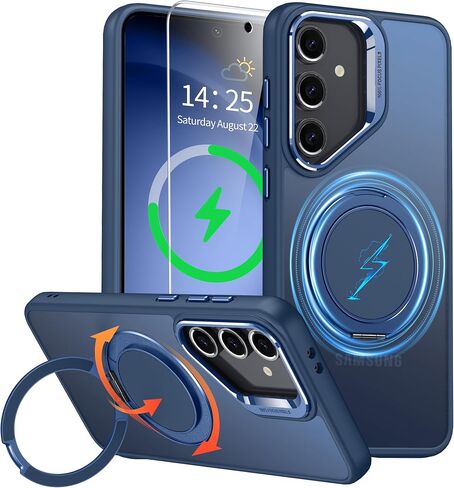 حافظة GOLDJU لهاتف Samsung Galaxy S24 FE مع حامل مغناطيسي قابل للدوران 360 درجة [حماية من السقوط العسكري] [متوافقة مع MagSafe] حافظة شفافة غير لامعة لهاتف Galaxy S24 FE مع واقي شاشة 9H، أسود in Saudi Arabia