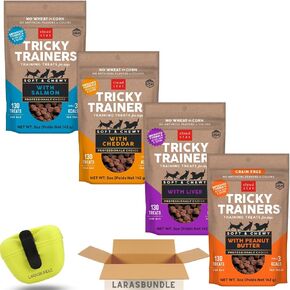 Cloud Star Tricky Trainers Dog Treats Variety Pack with Training Pouch – Peanut Butter, Cheddar, Liver, and Salmon Flavors – Soft, Low-Calorie Training Treats for Dogs and Puppies