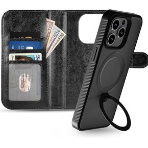 Detachable Flip Wallet Phone Case for iPhone 14 Pro Max, 2-in-1 iPhone Case with Wallet Card Holder Compatible with Mag-Safe Charging, PU Leather Case Magnetic with Foldable Stand, Black