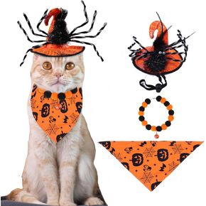 3PCS Dog Halloween Costumes Funny Spider Wizard Hat Pumpkin Devil Dog Bandana and Necklace Set for Dogs Cats Pet Halloween Supplies Party Accessories (Orange)