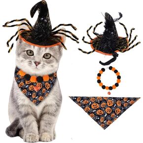 3PCS Dog Halloween Costumes Funny Spider Wizard Hat Pumpkin Devil Dog Bandana and Necklace Set for Dogs Cats Pet Halloween Supplies Party Accessories (Orange)