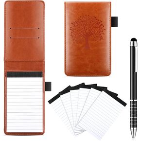 8 Pieces Mini Pocket Notepad Holder Set, Leather Compass Mini Notebook Holder with 50 Lined Sheets, Metal Pen and 6 Pieces 3 x 5 Inch Memo Book Refills, 30 Lined Paper Per Pad for Office School, Brown