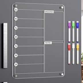 2 Pcs Acrylic Magnetic Dry Erase Board for Fridge, 12"X6" Clear Magnetic to Do List White Board, Acrylic Dry Erase to Do List for Refrigerator, Magnet Whiteboard with 6 Markers