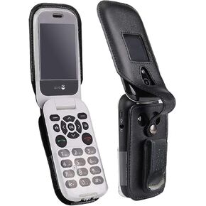 Case with Clip Compatible with Consumer Cellular Doro Flip Phone Model 7050, Fitted Leather Case, Rotating Belt Clip, Built-in Screen & Keypad Protection