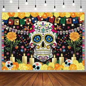 7x5ft Day of The Dead Backdrop for Mexican Fiesta Sugar Skull Marigold Flowers Photography Background Dia DE Los Muertos Birthday Party Decorations Supplies Banner Cake Table Photo Shoot Props