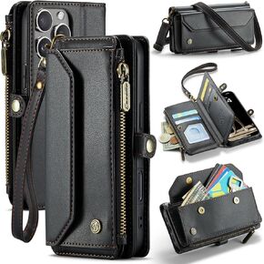 for iPhone 16 Pro Case, Women Men Multi-Function Wallet Case with Stand RFID Blocking Featuring Magnetic Closure Zipper Includes Shoulder Strap Wrist Strap (Black)