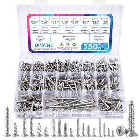 550Pcs 304 Stainless Steel Wood Screws Assortment Kit,Phillips Pan Head Sheet Metal Screws Self Tapping Screws Set,#4#6#8#10#12 Wood Assorted Screws,Length 1/4" to 1-1/2" (Pan Head 550PCS)
