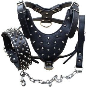 Leather Spiked Dog Harness and Collar Set - Suitable for Large Breeds Bull Terriers, Dobermans - Durable Leather harness with Metal Studs and Matching Collar Leash (XL, Studs Black)