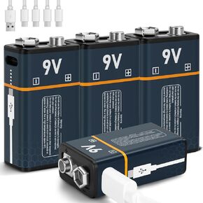 Rechargeable Lithium 9V Batteries 2 Pack with 2 in 1 USB Charging Cable,650mAh (5850mWh) 9 Volt Li-ion Battery for Smoke Detector,Metal Detector,Microphone(2Pcs)