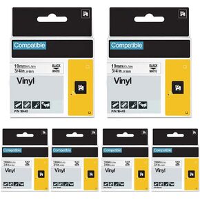 FlyLong 18445 3/4" Compatible Label Tape Replacement for DYMO 18445 Rhino Industrial Permanent Vinyl Labels Tapes Black on White for DYMO Rhino 4200 5000 5200 6000 Label Maker, 19mm x 5.5m, 6-Pack