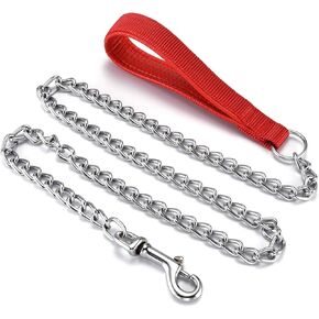 Dog Chain Leash, 4FT Anti Chew Metal Dog Leash for Medium Large Dogs, Heavy Duty Dog Leash Dog Chain Lead with Soft Handle, Strong Anti Bite Dog Leash Large Dogs (Red)