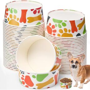 60 Pcs 42 oz/ 5.2 Cups Disposable Pet Bowls Bulk Large Dog Feeding Bowls with Printed Pattern Travel Bowls for Feeding Dogs and Cats Puppies Pet Paper Food Bowls for Dry Wet Food Water