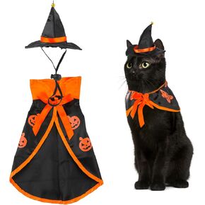 Cat Costume, Pet Wizard Clothes Halloween Adjustable Pumpkin Pet Costume Clothes Set Pet Costume Decor Cloak Wizard Hat for Cats Dogs Animal Halloween Carnival Party Supplies