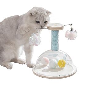 Marchul Cat Scratching Post with Hanging Ball, Wooden Cat Fetch Ball Toy, Sisal Scratcher Interactive Kitten Fun Track Toy for Indoor Cats Physical Exercise, S