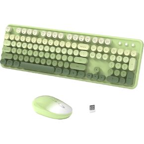 Wireless Keyboard Mouse Combo - 2.4Ghz Cute Colorful Keyboard and Mouse Wireless - 104 Keys Full Size Retro Typewriter Keyboard for Laptop, Computer, PC, Notebook, Windows, Mac OS Green