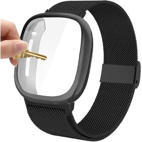 Maxjoy Compatible with Fitbit Sense/Versa 3 Bands, Versa3 Stainless Steel Metal Band Mesh Replacement Bracelet Wristband with Protective Case Compatible with Fitbit Sense/Versa 3 Watch