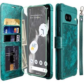VANAVAGY Wallet Case for Google Pixel 7 5G for Women and Men,RFID Flip Leather Cover with Wrist Supports Wireless Charging with Card Holder and Screen Protector,Midnight Green
