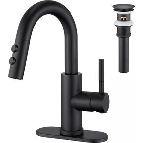 Bathroom Sink Faucet with Pull Down Sprayer, Brushed Nickel Single Handle Pull Out Faucet with Pop-Up Drain, 4 inch Widespread Laundry Bar Basin Faucet for 1 or 3 Hole, KBL-7002BN-CL