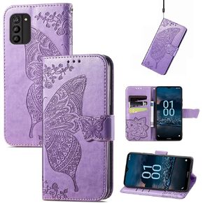for Nokia C300 N155DL Flip Case,Butterfly Embossed Flowers PU Leather Magnetic Flip Cover Stand Card Holders Hand Strap Wallet Purse Case for Nokia C300 N155DL -Light Purple
