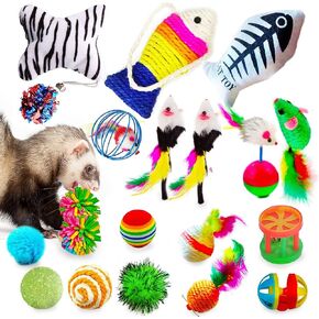 مجموعة متنوعة من ألعاب CoCoo Ferret & Cat، مجموعة أنشطة من كرات مايلر، وألعاب المضغ، وأكياس النعناع البري، وفئران اللعب والأجراس، رائعة للفرس، وقطط ماين، والكاليكوس، وقطط التابي، 20 قطعة