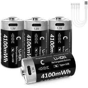 4 Pack Rechargeable C Lithium Batteries with USB-C Charging Cable, 1.5V Lithium-ion C Battery, 4100mWh C Size Li-ion Batteries for Toys, Flashlights, Clocks