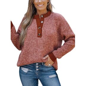 CUPSHE Women Sweaters Half-Button Long Round Neck Ribbed Marled Knit Jumper Tops