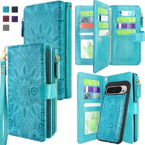 Harryshell Detachable Wallet Leather Case Compatible with Google Pixel 9/9 Pro 2024 Magnetic Phone Case Zipper with Cash Coin Pocket Multi Card Slots Holder Wrist Strap Lanyard (Flower Black) in Kuwait