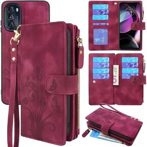 Lacass Compatible with Motorola Moto G 5G 2022 Case ，[12 Card Slots] ID Credit Cash Holder Zipper Pocket Detachable Magnet Leather Wallet Cover with Wrist Strap Lanyard (Floral Blue Green)